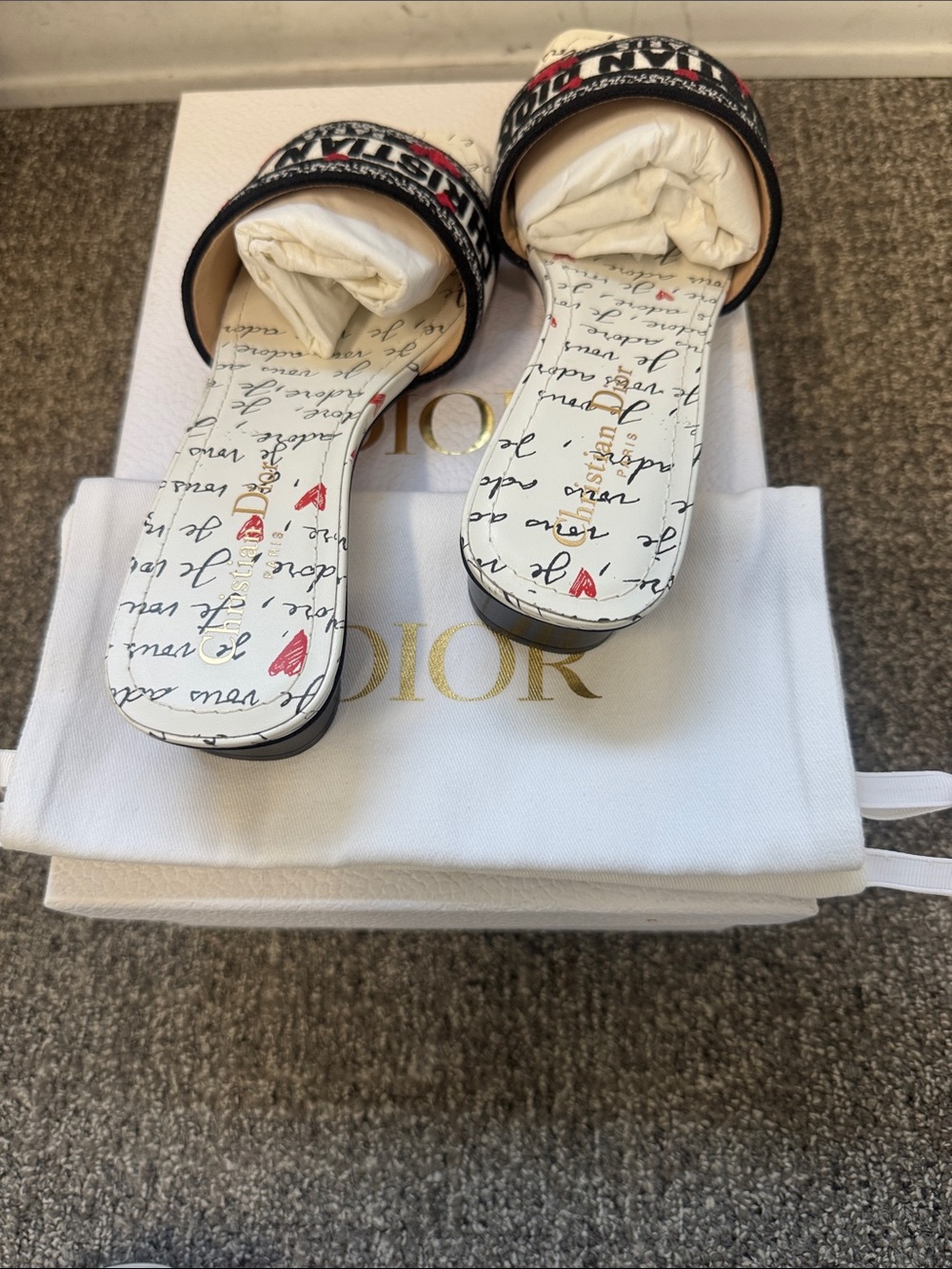 Dior White Script Slide Sandals with Black and Red Logo Band - Picture 4 of 5